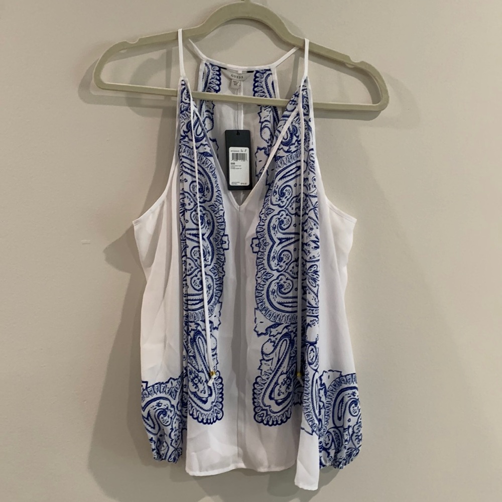 Guess Cold Shoulder White with Blue Paisley Blouse Women Size XXS